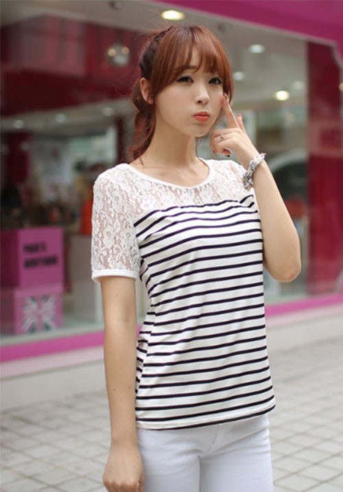 White Laced Top with B&W Stripes Tee