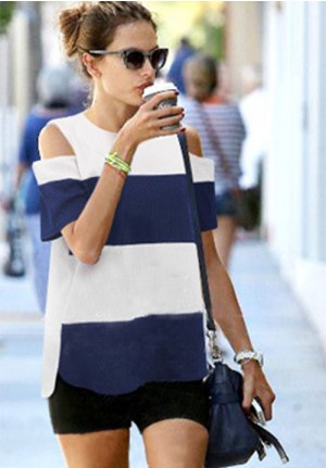 Blue Striped Sexy Shoulder Tee
