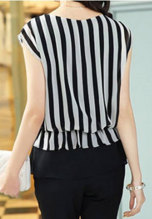 Classy Black & White Striped Short Sleeve Chiffon Blouse